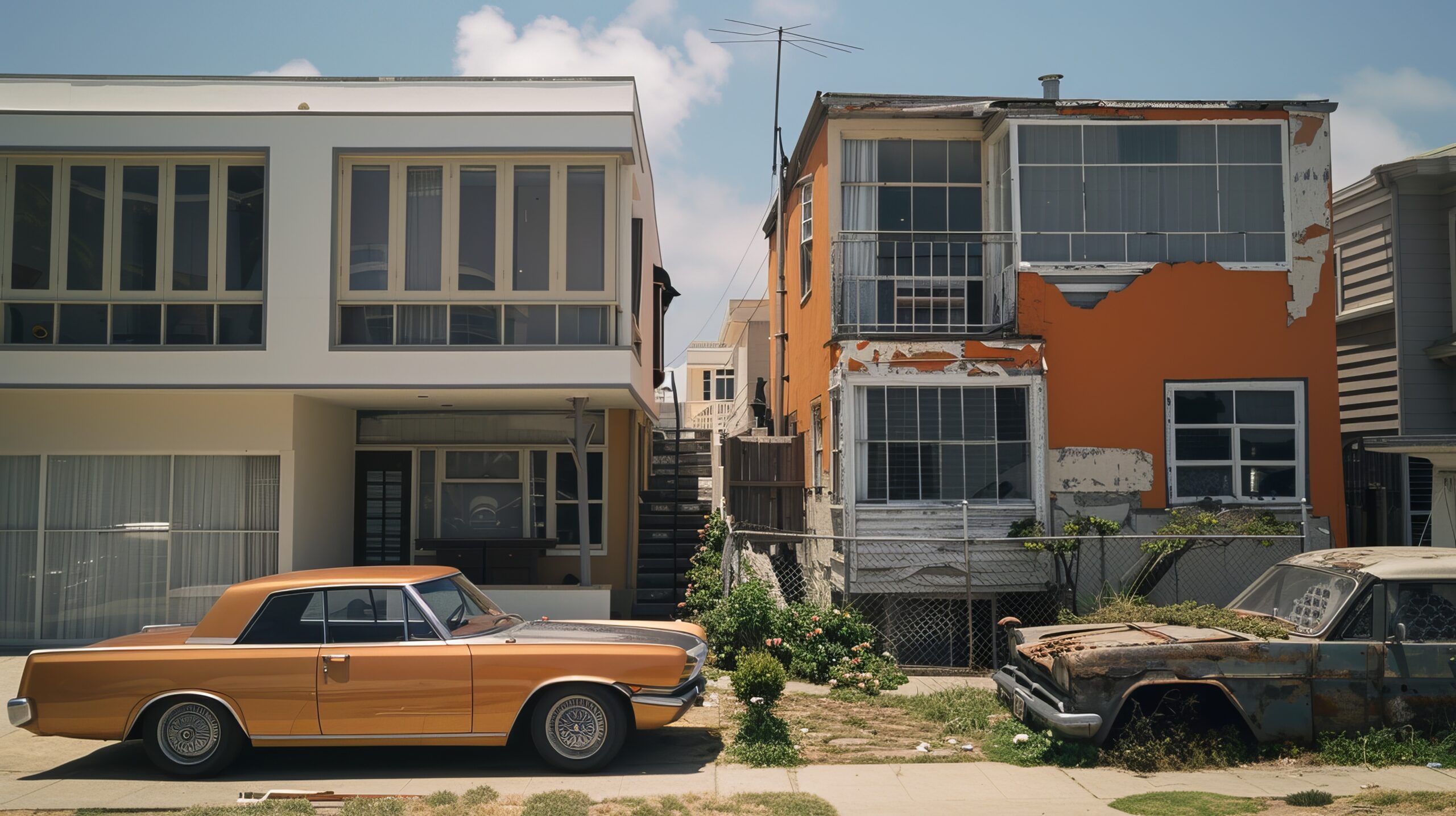 Two houses and cars juxtaposed - one modern house with a nice car, and one run-down house with an old car.
